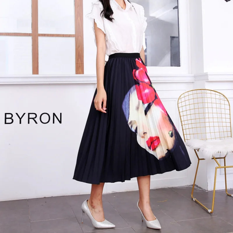 2023 Summer Women Cartoon Print Pleated Skirts A Line High Waisted Elastic Midi Long Skirt Ladies Party Korean Style Dresses