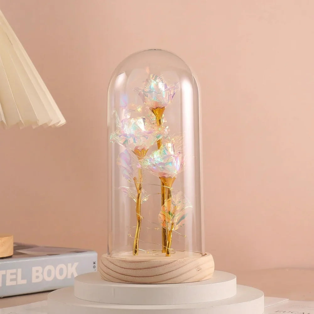 LED Valentine Day Gift For Girlfriend Eternal Rose Light 24K Gold Foil Flower In Glass Cover Mothers Day Wedding Bridesmaid Gift