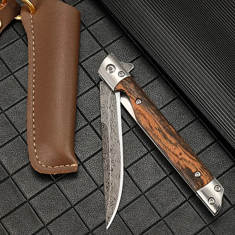 Multi-functional outdoor folding knife, high-hardness Damascus steel folding knife, portable fruit knife