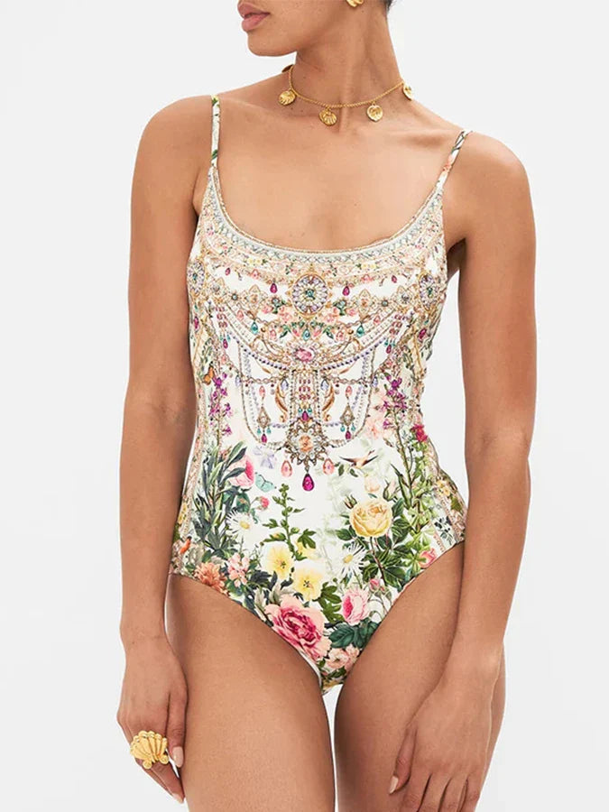 Fashion Floral Print Vintage Elegant Oil Print One Piece Women's Bikini Swimsuit U Neck Backless With Long Cover Up 2024 Summer