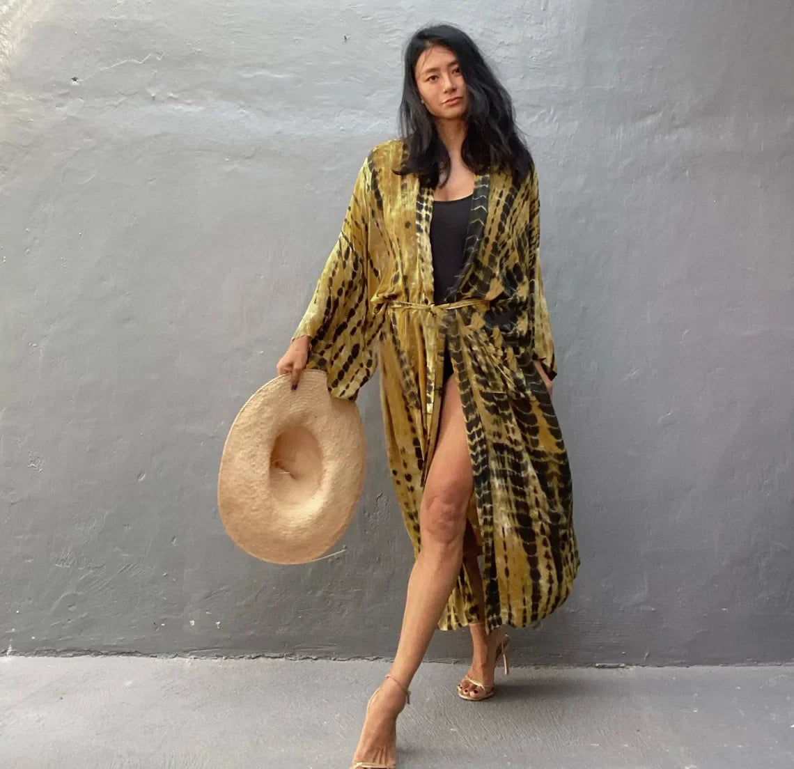 2023 Women's Boho Stripe Tie Dye Swimsuit Cover Up with Belt Tunic Sarong Cardigan Dress Bikini Cover-ups Beach Wear Kimono