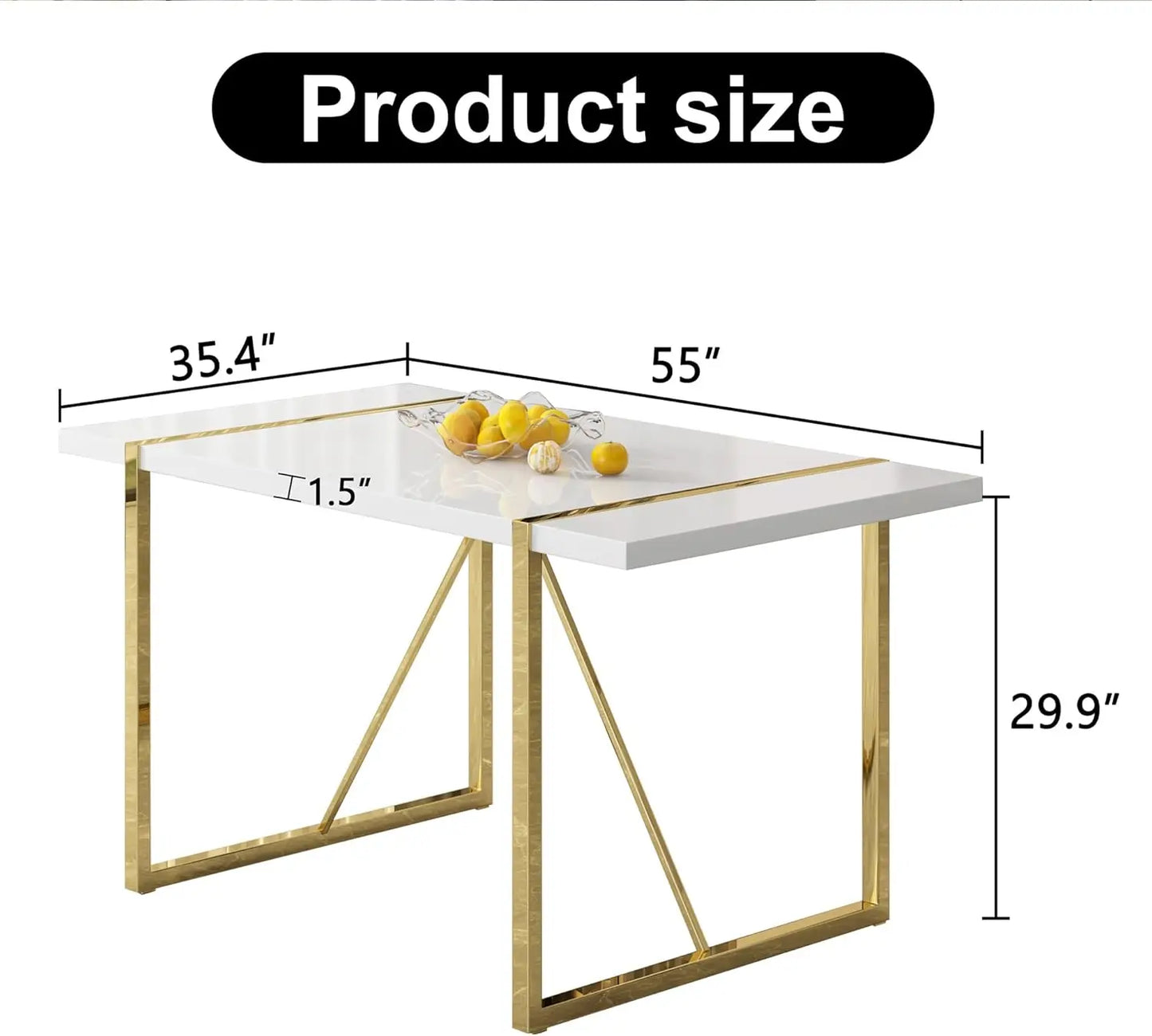 Dining Table Set for 6, Kitchen Table Chairs Set of 6, 55" White High-Gloss Lacquered Tabletop & Electroplated Metal Frame.