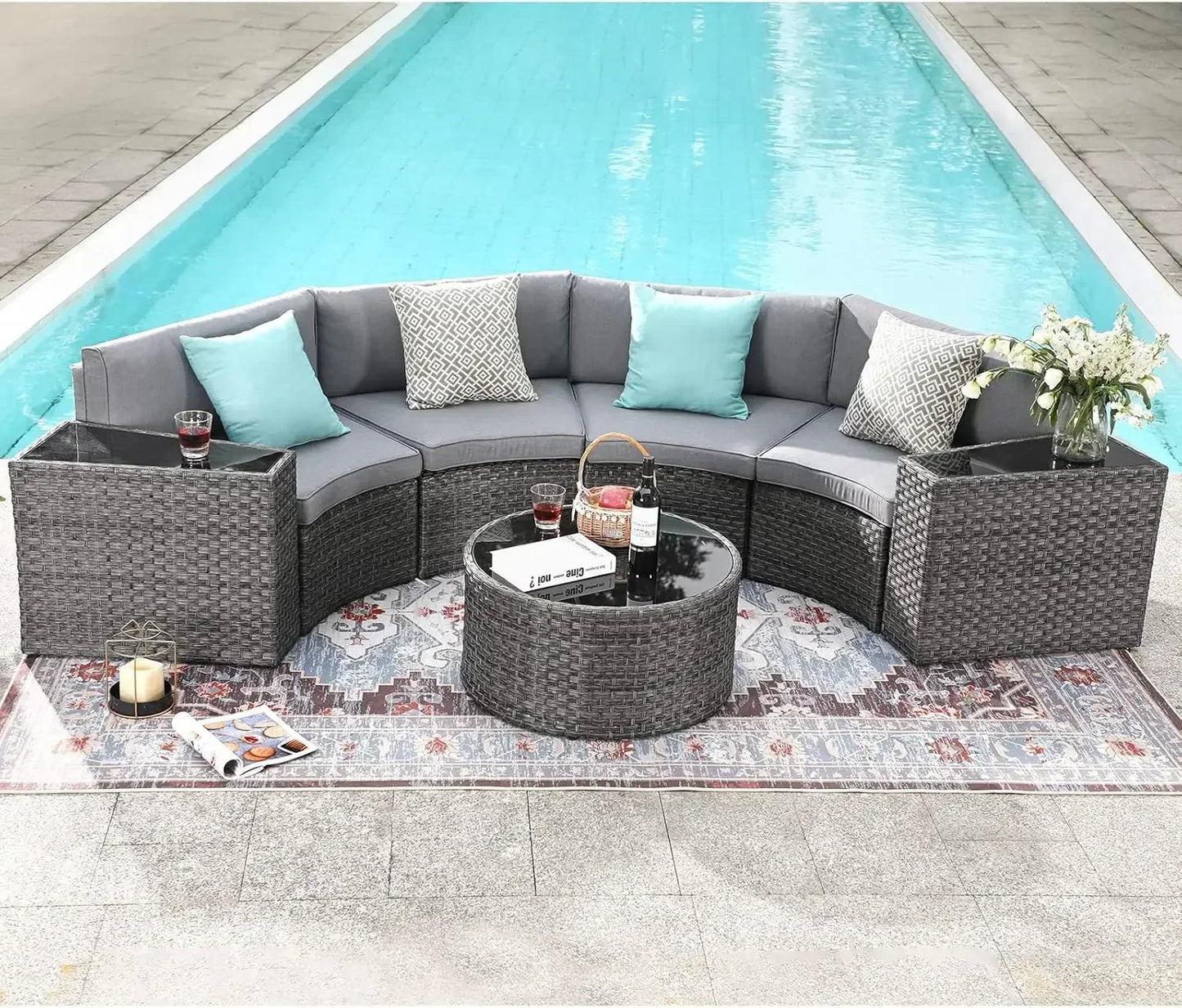 Outdoor Patio Furniture Sectional 7-Piece Half-Moon Curved Outdoor Sofa Set with Round Coffee Table,4 Pillows & Waterproof Cover