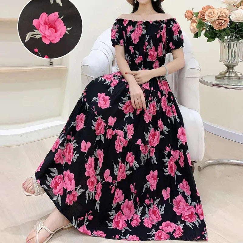 Vintage Bohemian Beach Floral Midi Dress Korean Reviews Many Dress Off Shoulder Elastic Waist Large Swing Women's Elegant Dress