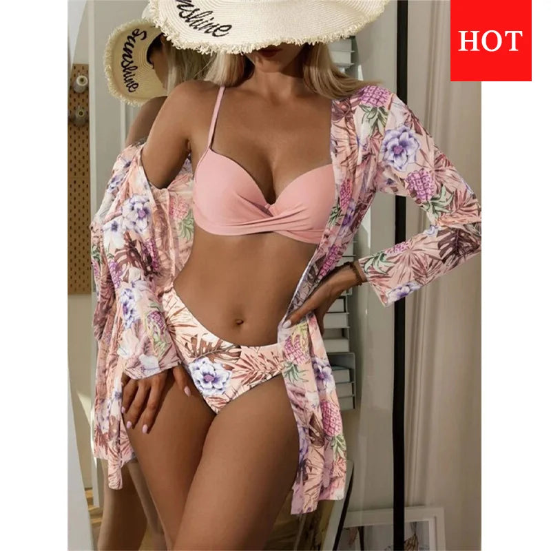 Three Pieces Bikini Set Cover Up Women New Push Up Twist Swimsuit Print Long Sleeve Swimwear Biquini Bathing Suit Summer