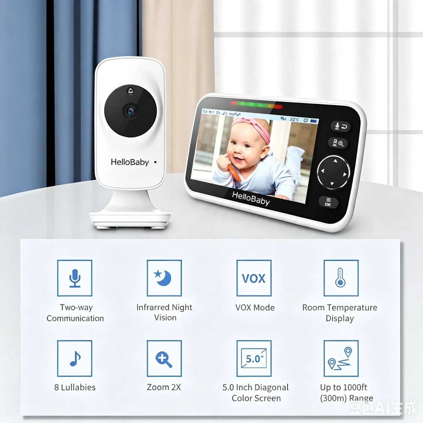HelloBaby HB050 Baby Monitor, 5.0'' Diagonal Color Screen, Two-way Talk, Crying Detection, Infrared Night Vision, Temperature Detection, 2x Digital Zoom, Lullaby Playing