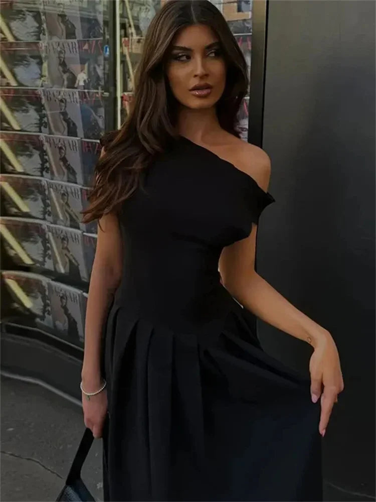 Black Off-Shoulder Autumn Long Dress For Women High Waist Patchwork Slim Sexy One-Shoulder Party Dress Female Maxi Dress