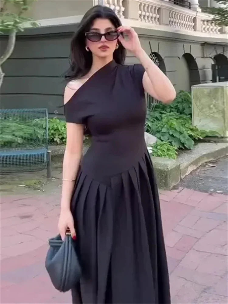 Black Off-Shoulder Autumn Long Dress For Women High Waist Patchwork Slim Sexy One-Shoulder Party Dress Female Maxi Dress
