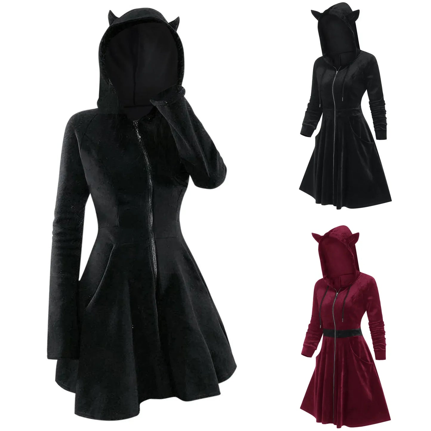 Animal Hooded Zip Up Punk Gothic Dress Vintage Long Sleeve Cat Ear Coat Robe For Women Autumn Winter Witch Party A Line Dress