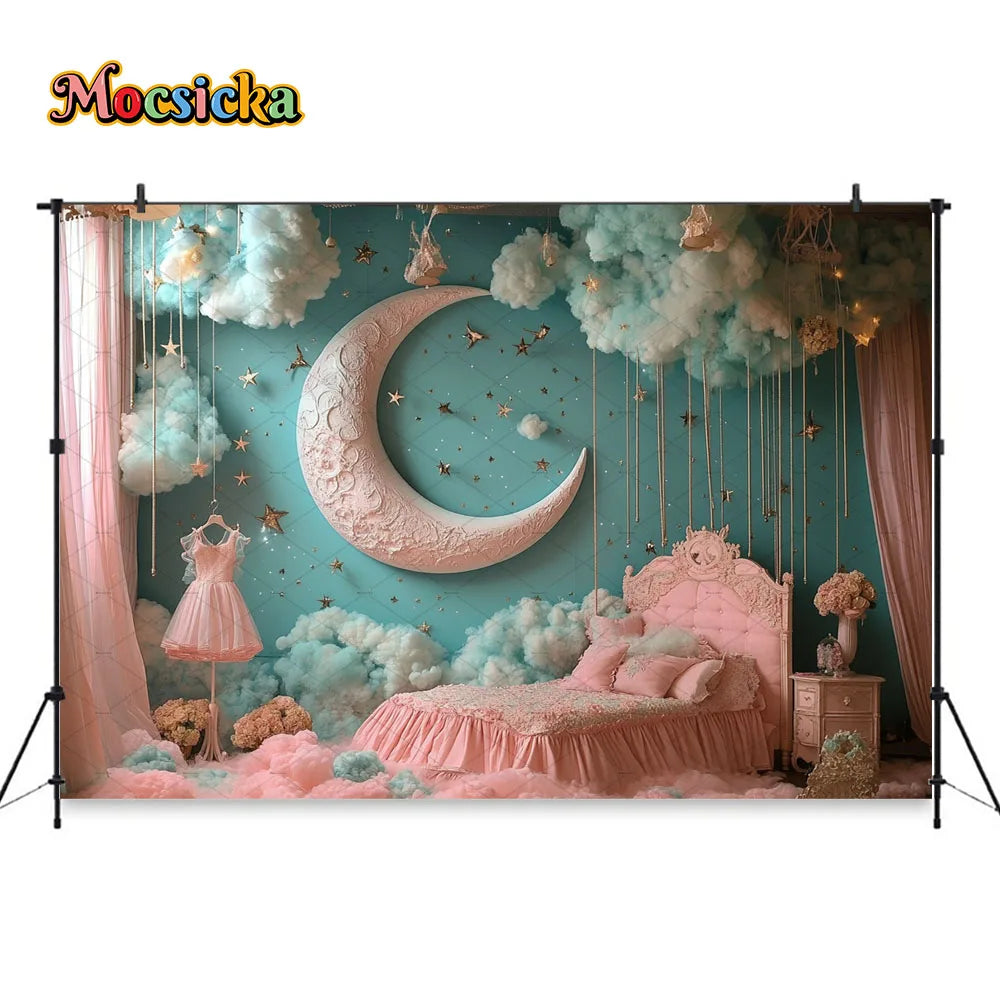 Princess Girl Birthday Party Night Photography Background Blue Pink Smoke Moon Star Boudoir Backdrop Kid Cake Smash Photo Studio
