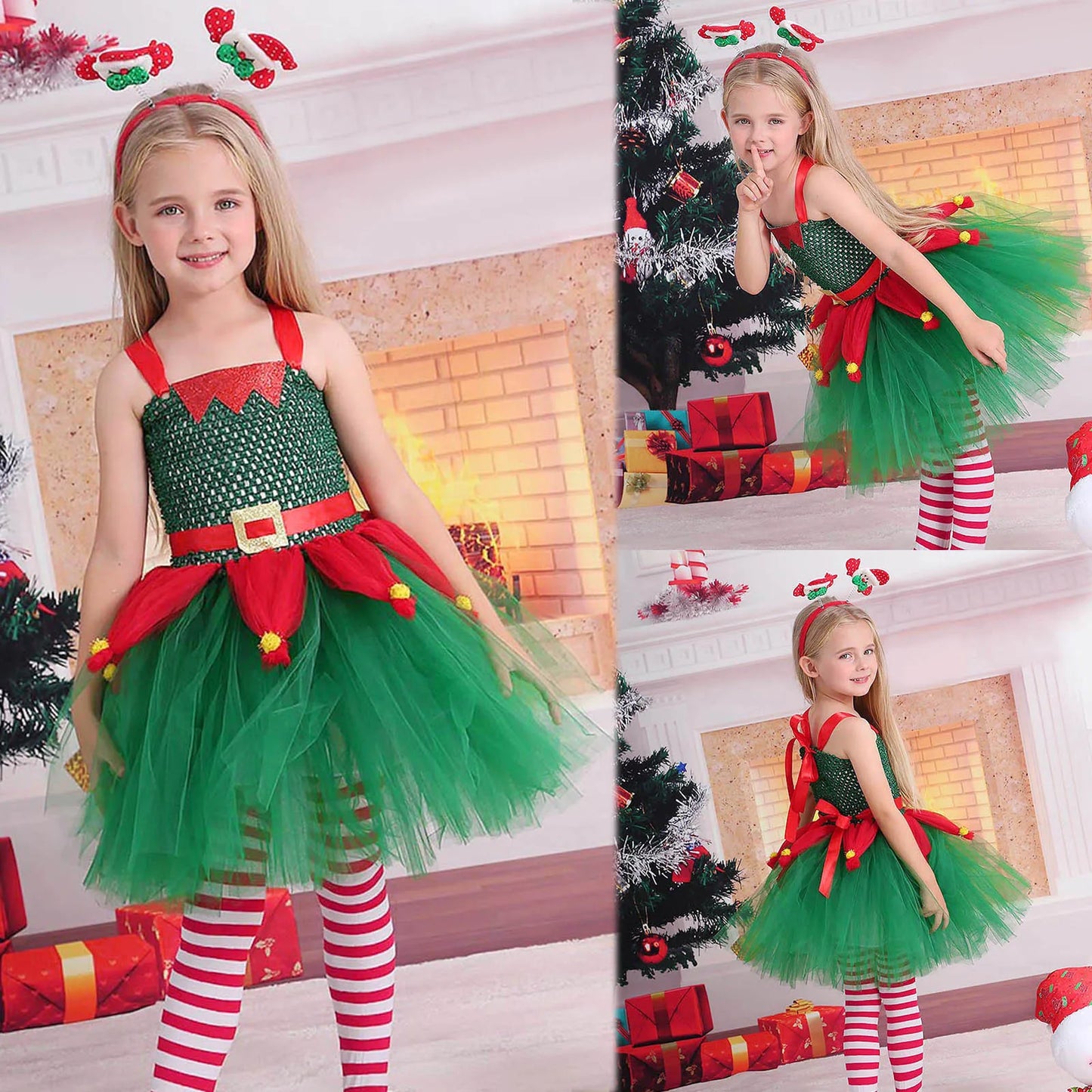 Girls Christmas Elf Cosplay Costume Carnival Party Kids Santa Claus Princess Tutu Dress Children's Xmas Role Play Fancy Dress-up