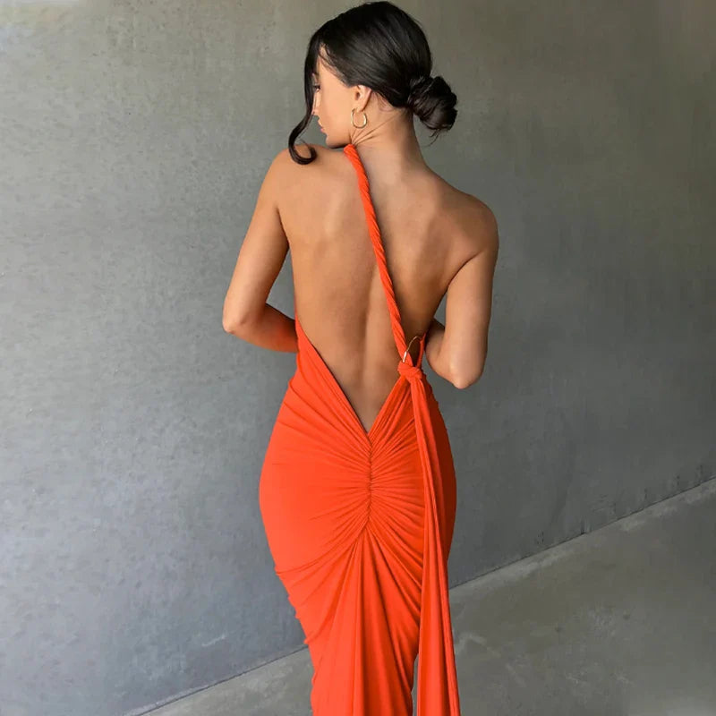 Hugcitar One Shoulder Backless Adjustable Scarf Loop Ruched Sexy Maxi Dress 2025 Women Elegant Y2K Streetwear Festival Outfit