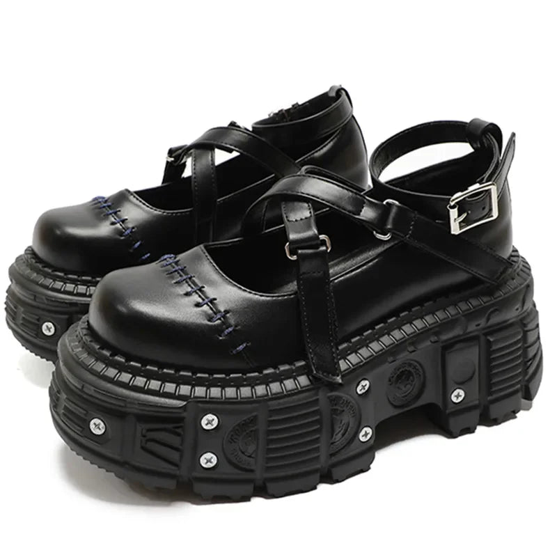 Gothic Mary Janes For Women Crossed-tied Ankle Strap Platform Shoes Round Toe Thick Bottom Female Shoes Punk Women Shoes 2026