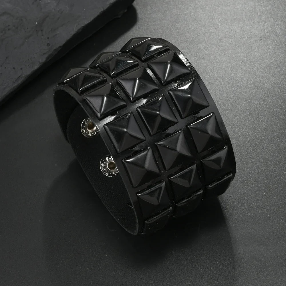 18 Color Punk Hip-Hop Three Rows of Square Rivets PU Leather Big Wide