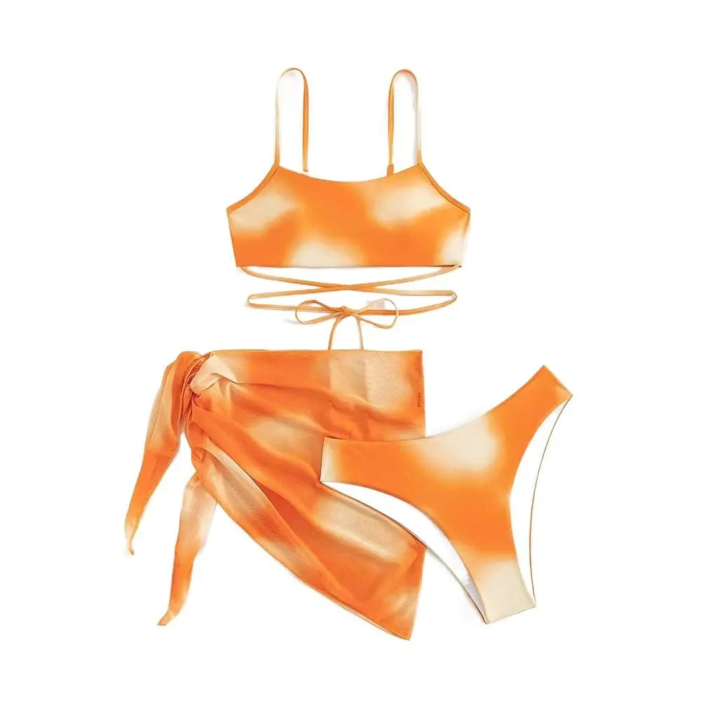 Women's 3 Piece Gradient Tie Dye Bathing Suit Lace Up High Cut Bikini with Beach Skirt