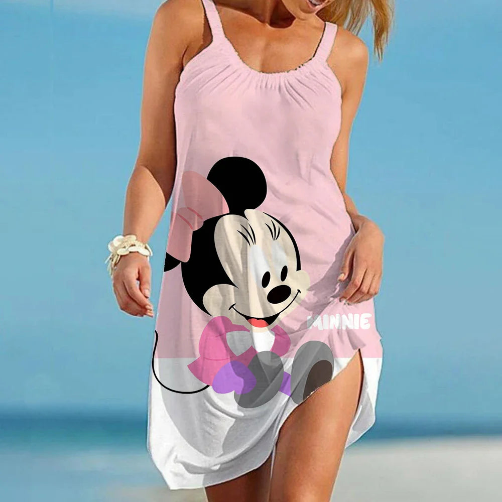 Disney - Mickey Minnie Summer 3D Print Cartoon Dresses For Women 2022 Backless Women's Beach Dress Cute Sexy Loose Sling Beach