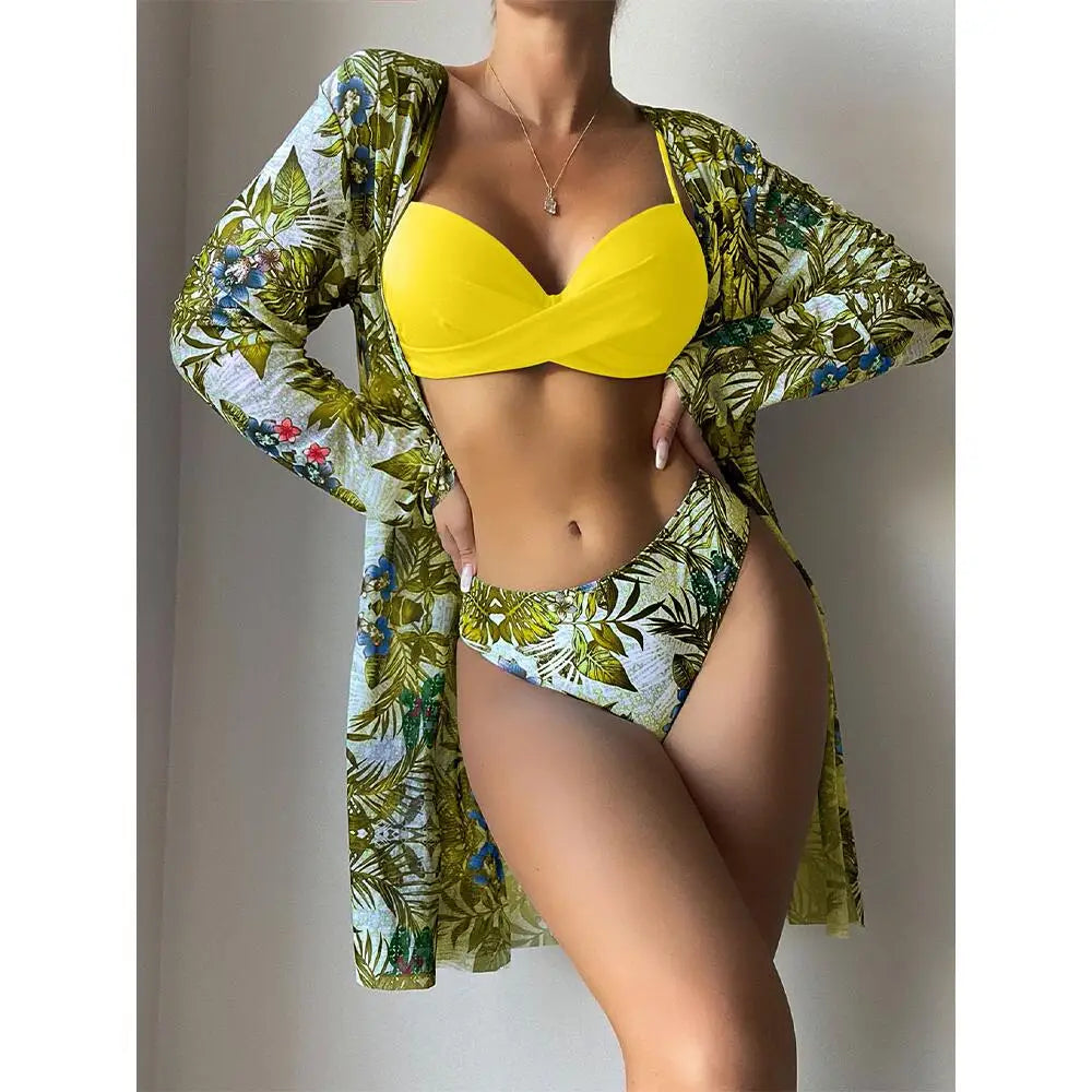 Three Pieces Bikini Set Cover Up Women New Push Up Twist Swimsuit Print Long Sleeve Swimwear Biquini Bathing Suit Summer