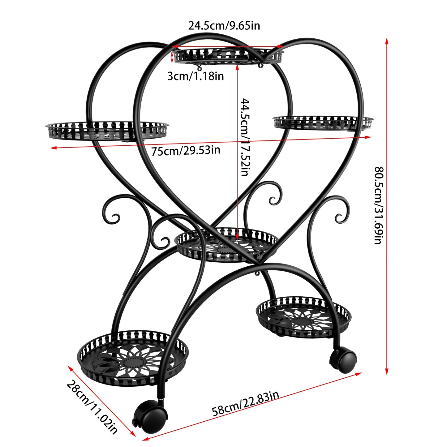 Black Metal Rolling Plant Stand Heart-Shaped Garden Display Rack with Wheels for Home And Garden Decor