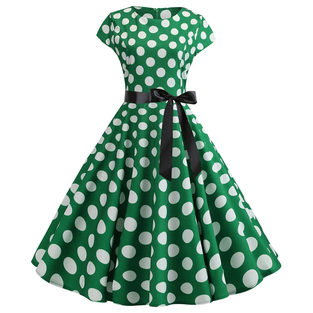 Women Vintage 1950s 60s Polka Dot Print High Waist A-line Swing Party Dress Retro Short Sleeve With Belt Evening Prom Dress