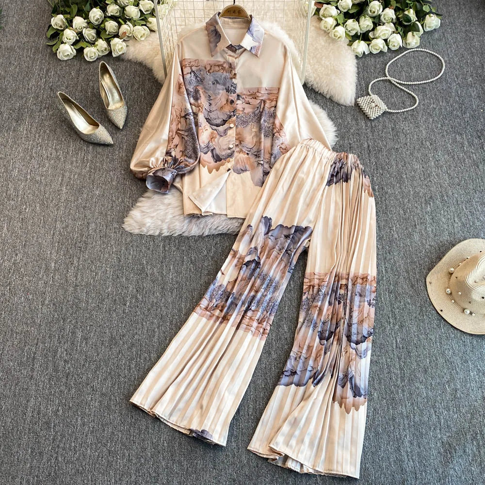 Elegant For Women's Fashion Sets Casual Long Sleeve Shirt Straight Pants Suit Female 2024 Loose Print Tops Two Pieces Outfits