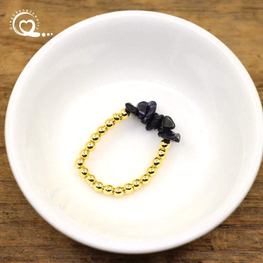 Healing Crystal Chip Stackable Rings Golds Brass Round Beads Natural Stone Gravel Stretchy Ring Fashion Women Jewelry,QC4218