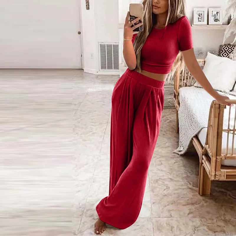 Autumn Women's Solid Knitted Casual Home Wear Slim Tops Two-Piece Wide Leg Pants Set Ladies Clothes Winter Fashion Commuter Suit