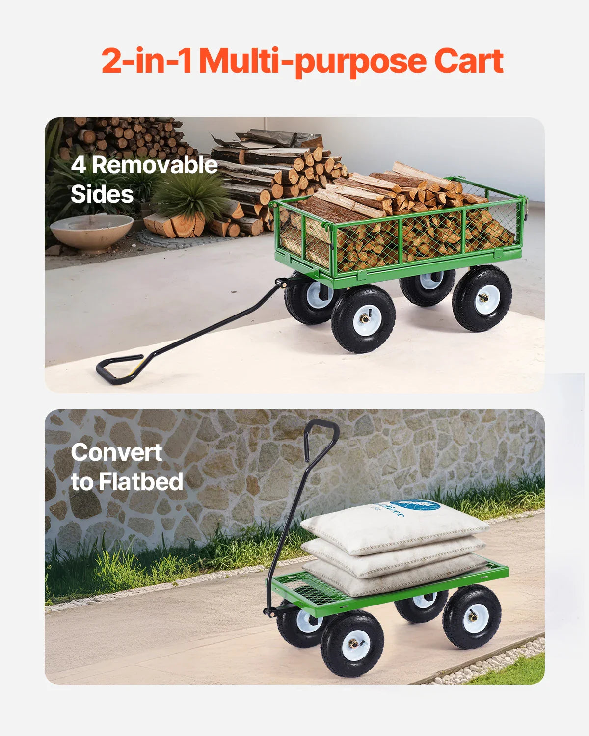 Steel Garden Cart on Wheels  Pullable 180°Rotating Handle