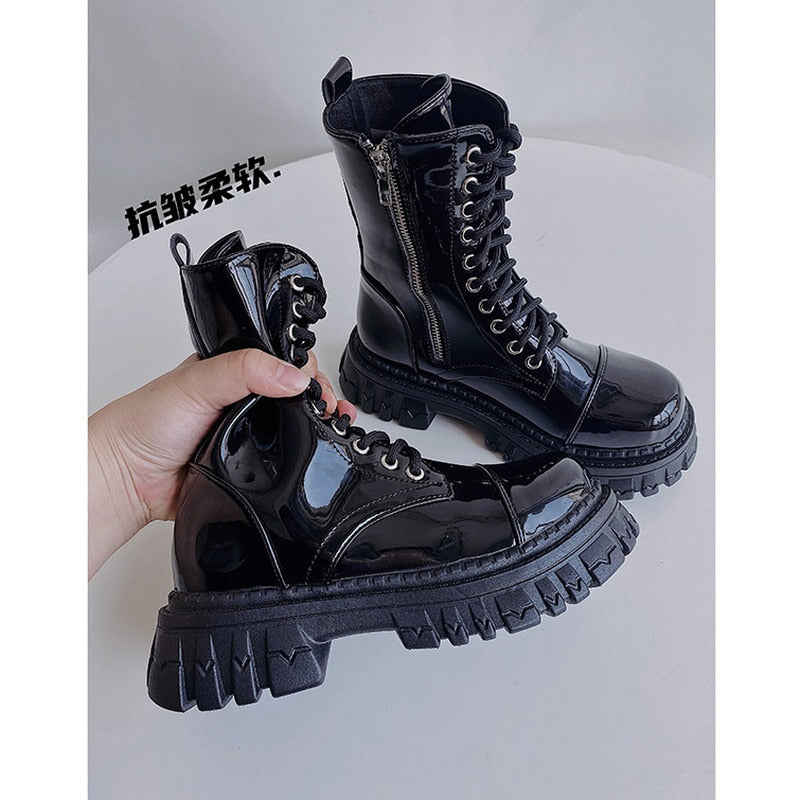 New Women Boots Luxury Zip Brand Design Black Punk Goth Platform Chelsea Fashion Fighting Lace-up Bike Buty Damskie