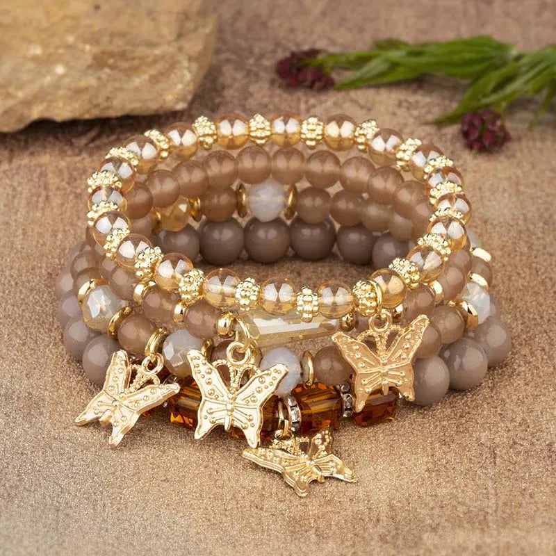 4pcs Bohemian Butterfly Charm Bracelet Set for Women Crystal Beads
