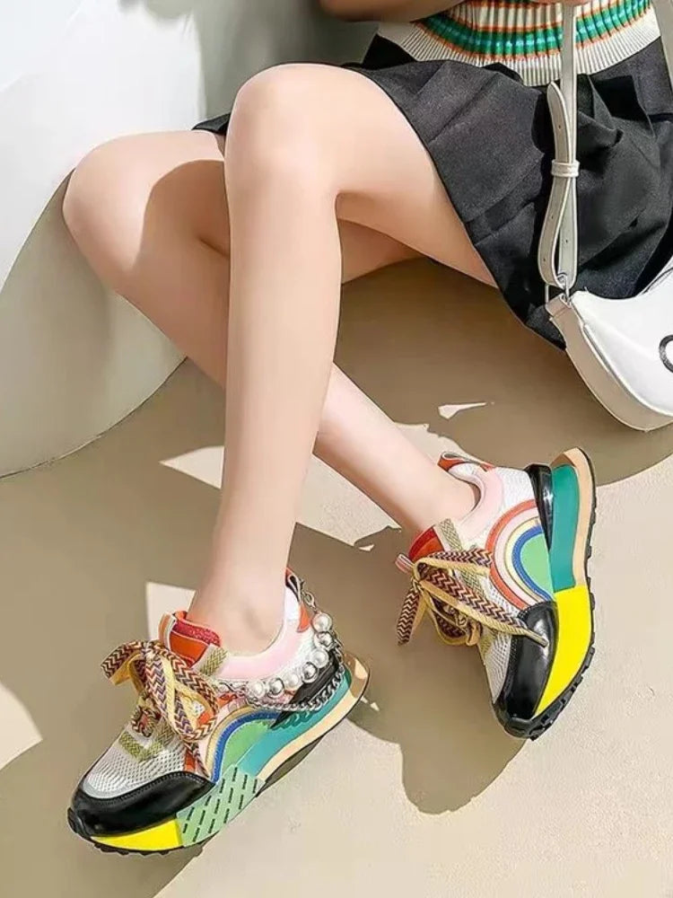 Lace Up  Pearl Chain Decorative Women's Vulcanized Shoes Women's Platform Sneakers Zapatos De Mujer Women Shoes 2023