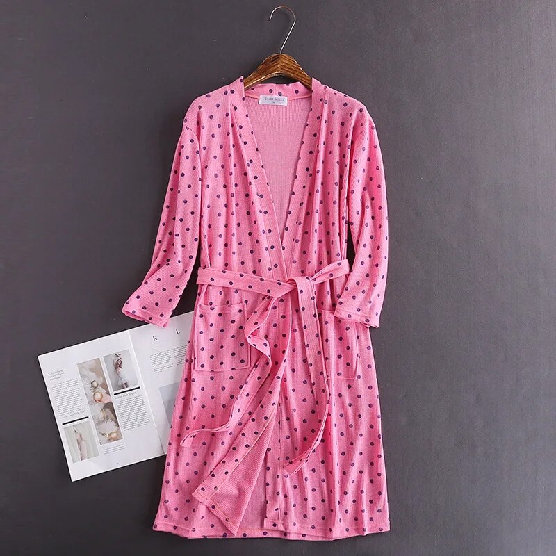 Spring and Autumn Cotton Waffle Kimono Bride Bathrobe and Night Gown Home Wear Women Flower Print Sashes House Robe for Women