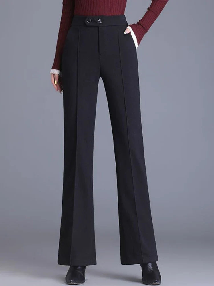Herringbone Woolen Cloth Wide Leg Pants Women Autumn and Winter 2023 High Waist Pants Vintage Slim Elastic Waist Woman Trousers