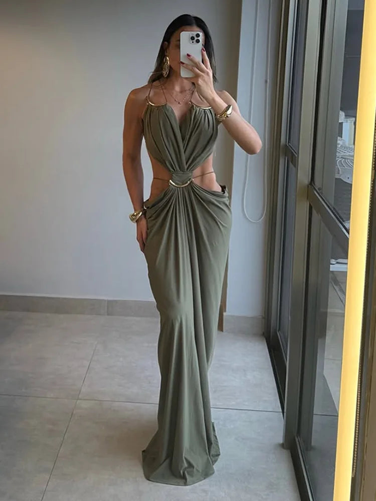 Sexy Backless Party Women's Dress Sleeveless V-neck Slim Maxi Female Vestidos 2026 Fashion Pleated Hollow Out Evening Lady Robe