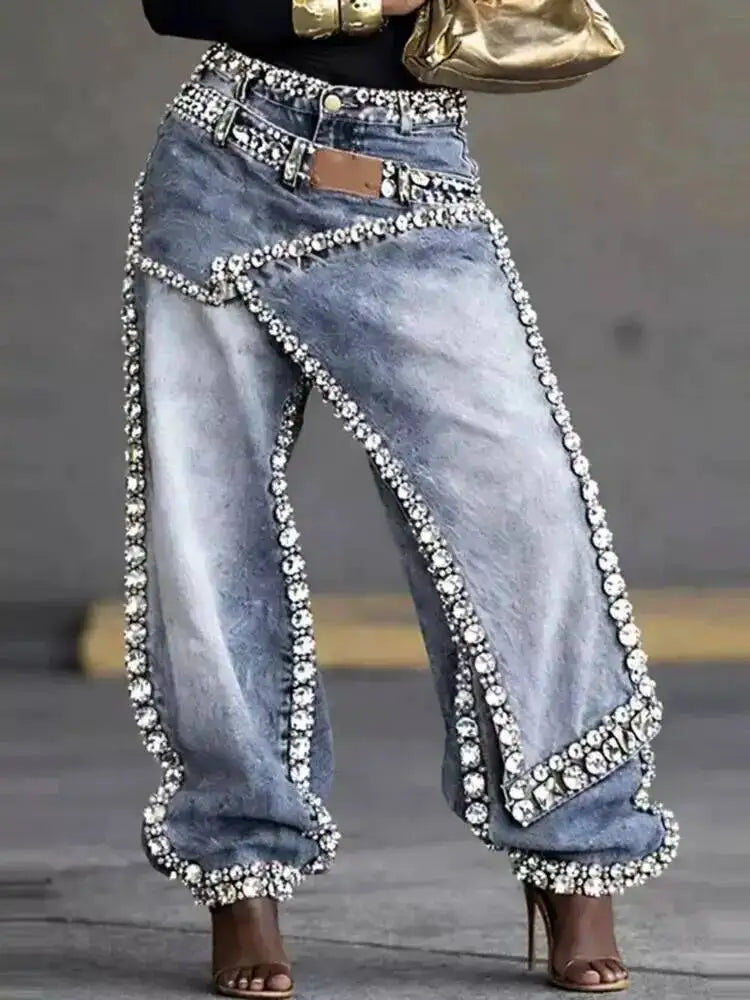 SHENGPALAE Women Jeans Wide Leg Layered Patchwork Washed Rhinestone Decor Asymmetric Streetwear Fashion Summer 2026 New 05E02954