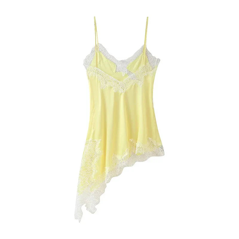 Yellow Satin Lace Splicing Sling Dress Women Elegant Irregular Hem V Neck Backless Sleeveless Gown Chic Women Party Club Vestido