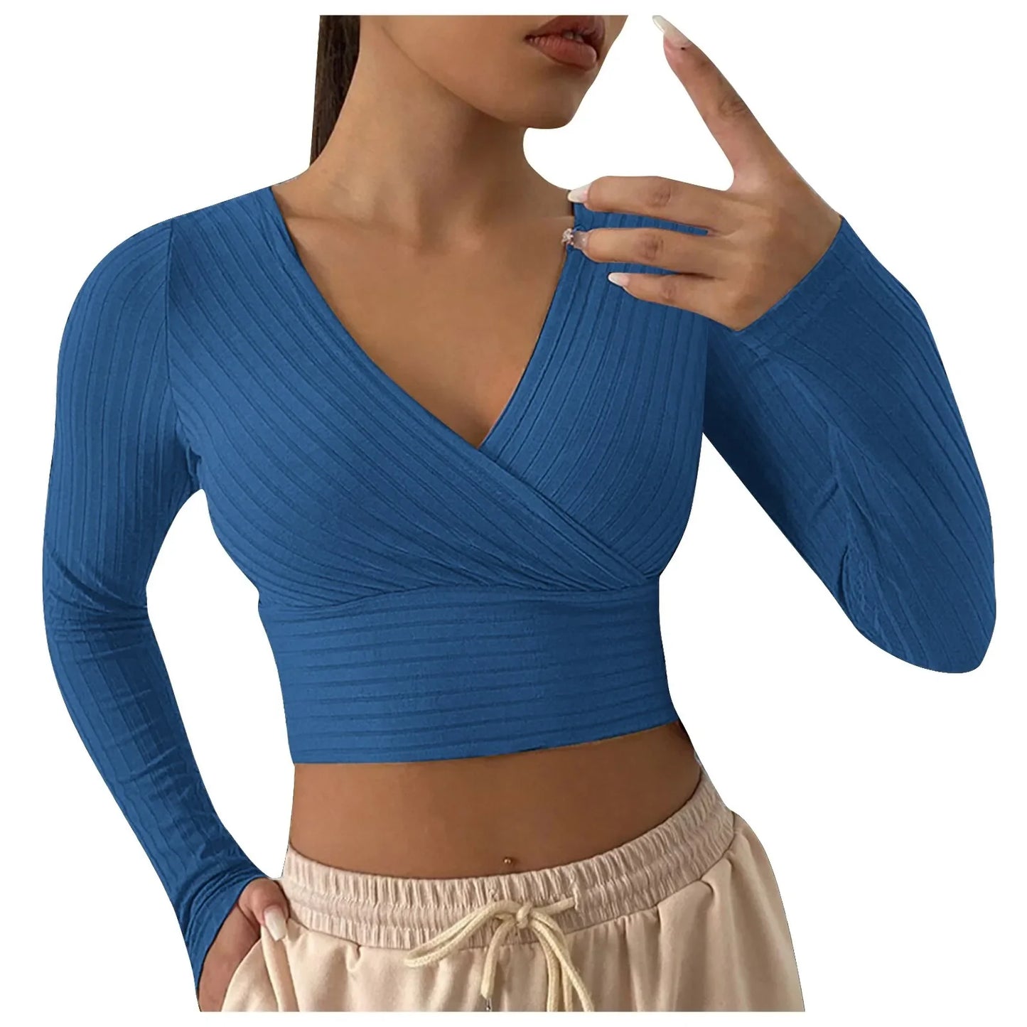 Sexy Cross Wrap V Neck Ribbed Knit T Shirt Women's Crop Tops Sexy Slim Fit Solid Spring Fall Long Sleeve Y2k Clothes Pink Tops