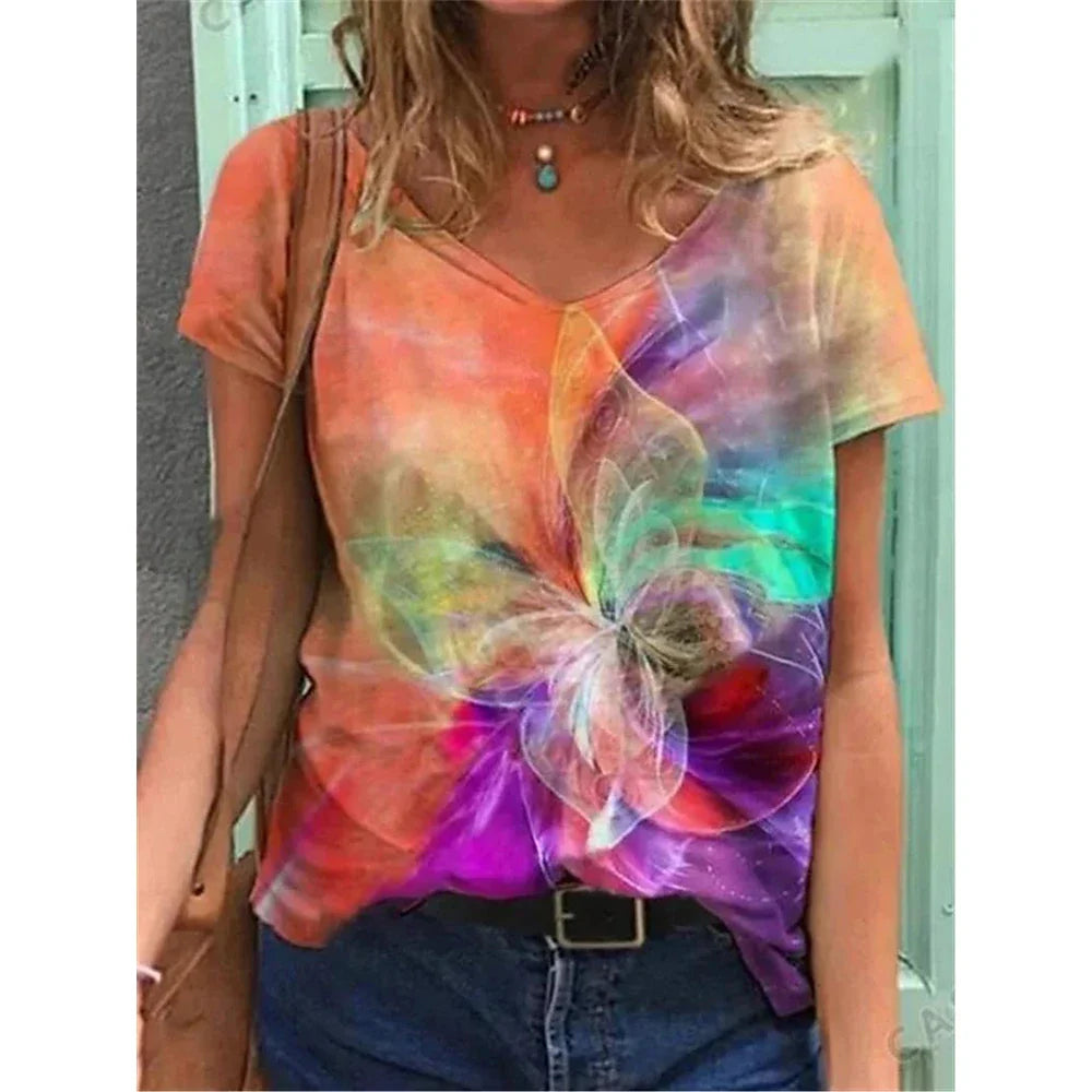 Women's T-shirts Fashion Tops V-neck Colorful Butterfly T Shirt Female Short Flowers Print Casual Tees Summer Oversized Clothes