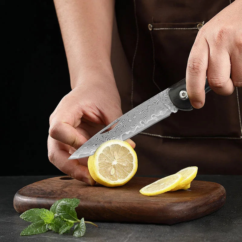 Super Sharp Damascus VG10 Steel Pocket Knife Folding Blade Wooden Handle Kitchen Fruit Meat Vegetable Cutting Knife Holiday Gift