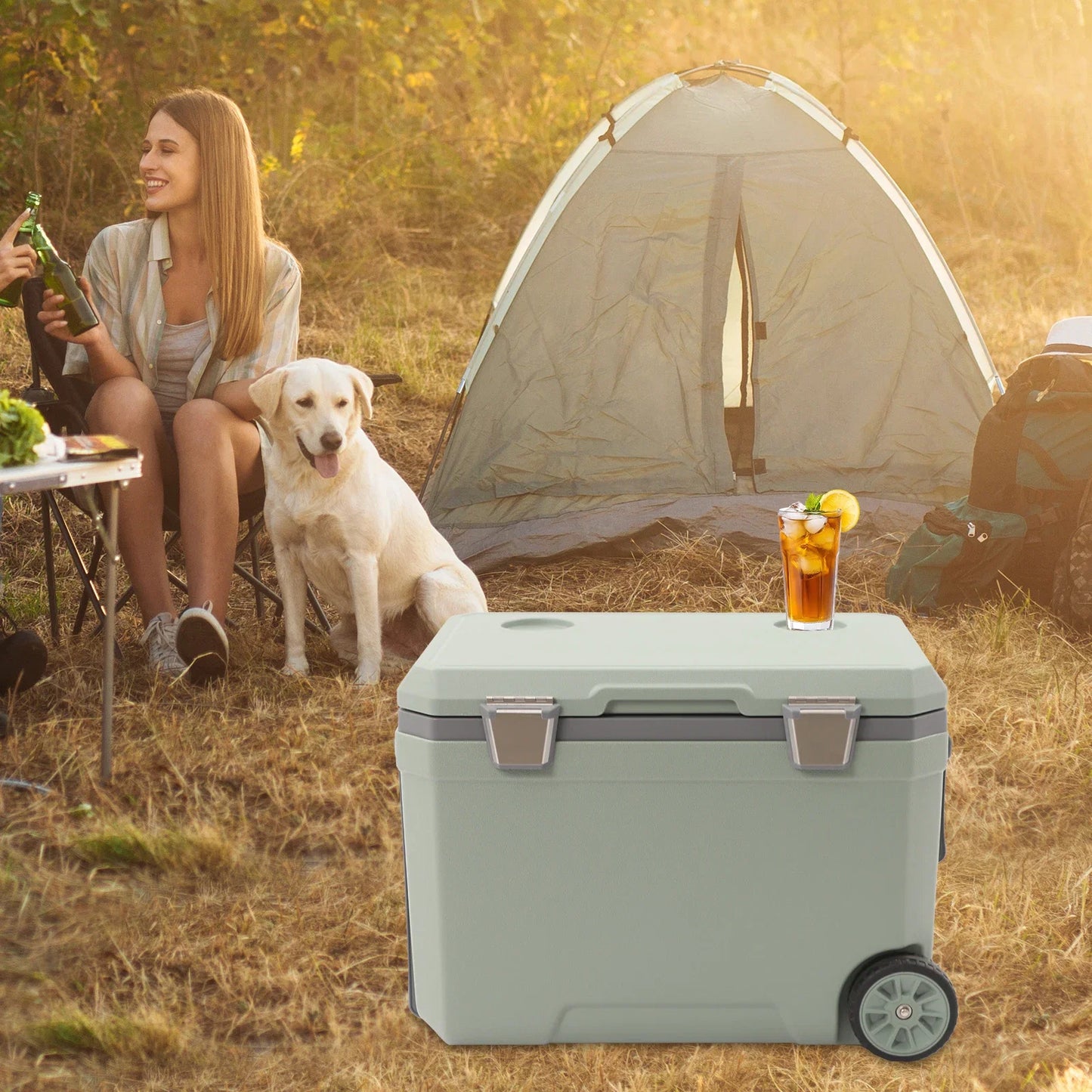 45L Insulated Wheeled Portable Cooler, Long Ice Retention Green Cooler Box, Outdoor Refrigerated Cooler for Fishing with Handle,for Boating, Camping, Travel & Picnic