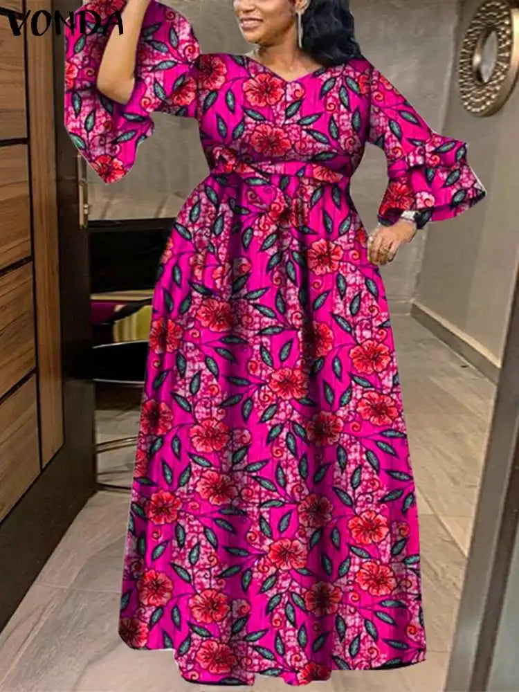 VONDA 2024 Fashion Maxi Dress Women Bohemian Floral Printed Dresses Sexy V-Neck Long Sleeve Ruffled Vestidos Casual Loose Robe