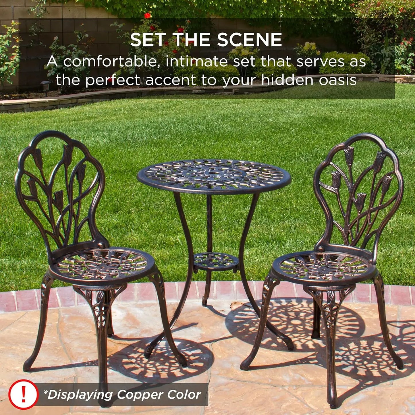 3-Piece Outdoor Rust-Resistant Cast Aluminum Patio Bistro Set w/Tulip Design, Antique Finish - White