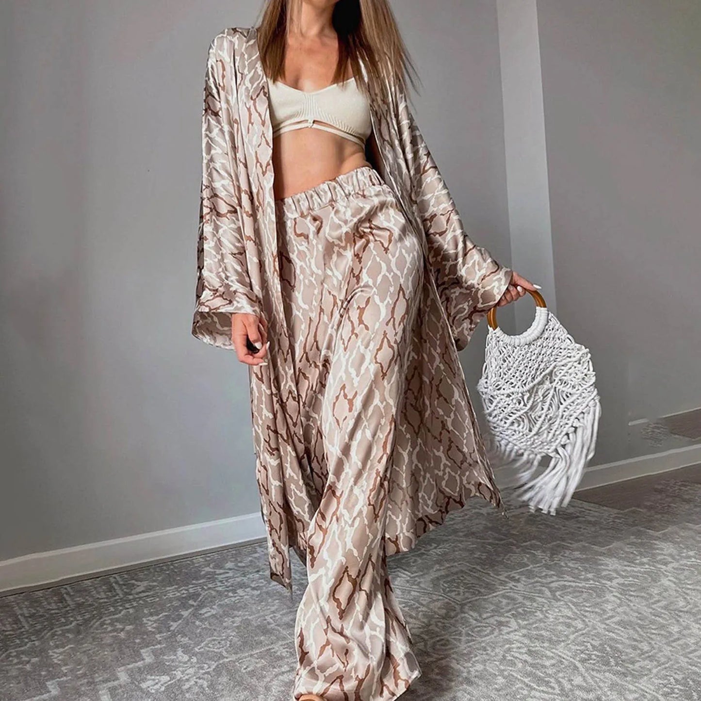 Fashion Women's Pants Set Long Sleeve Sexy V-Neck Sleepwear Wide Leg Pants Casual Ladies Pajamas Suit Loose Suits Bohemian
