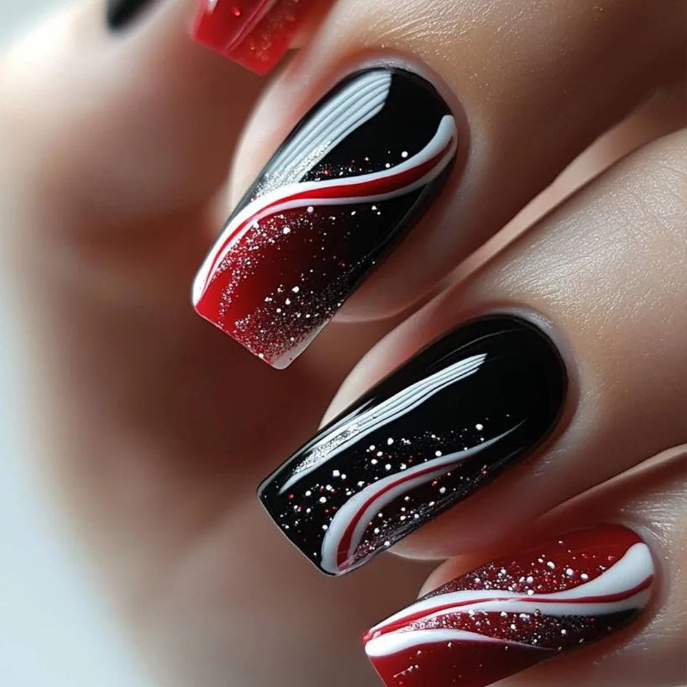 24pcs Golden Stripe Press on Nails Long Square False Nails Full Cover Nail Tips.