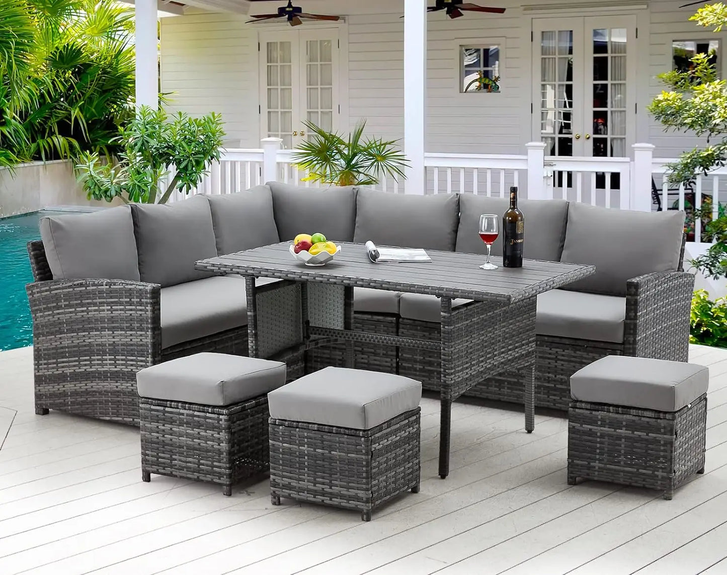 Patio Furniture Set, 7 Pieces Outdoor Patio Furniture with Dining Table&Chair, All Weather Wicker Conversation Set with Ottoman