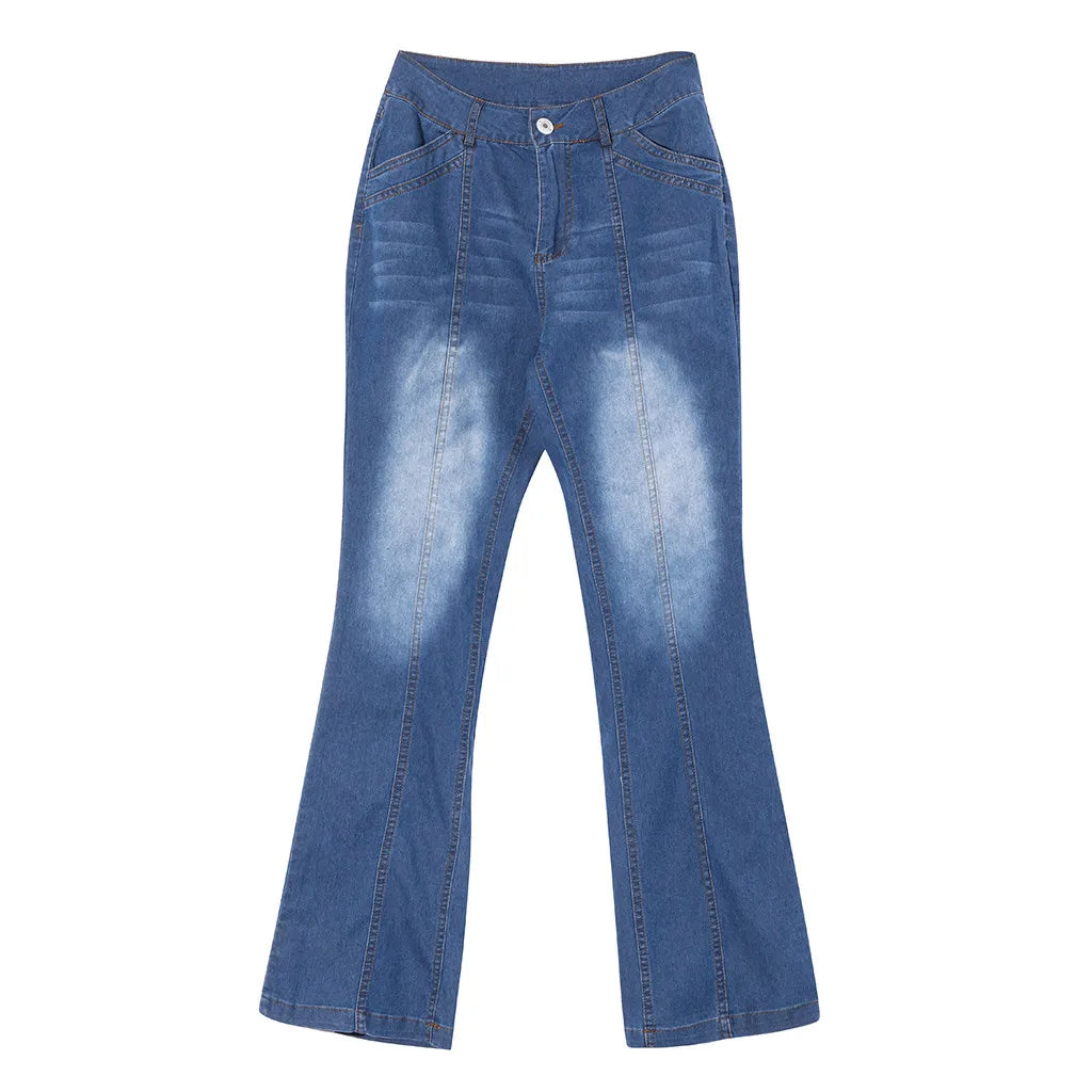Denim Jeans For Women Mid Waisted Denim Jeans Embroidery Stretch Button Flare Pants Jeans Loose Casual Straight Jeans Vaqueros
