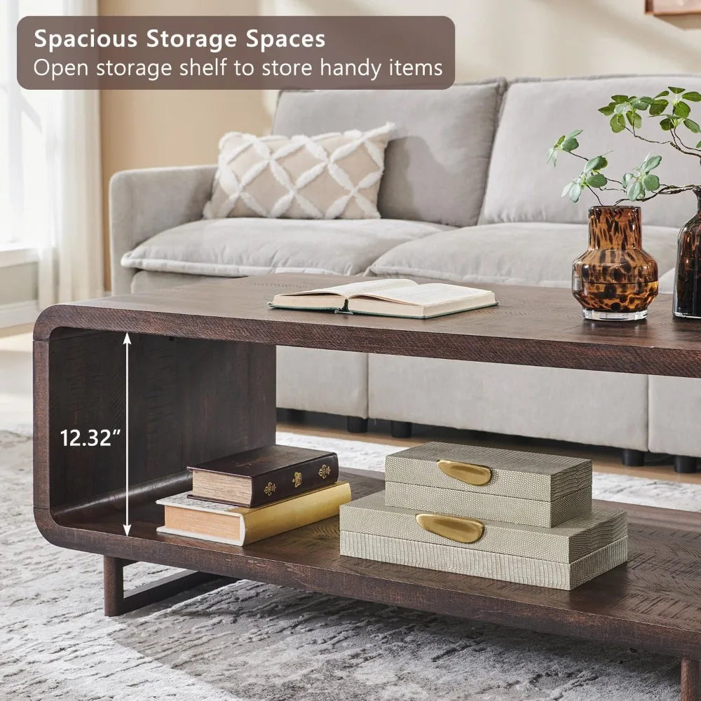 48" Modern Coffee Table, 2-Tier Minimalist Design with Storage Shelf, Curved Profile for Living Room.