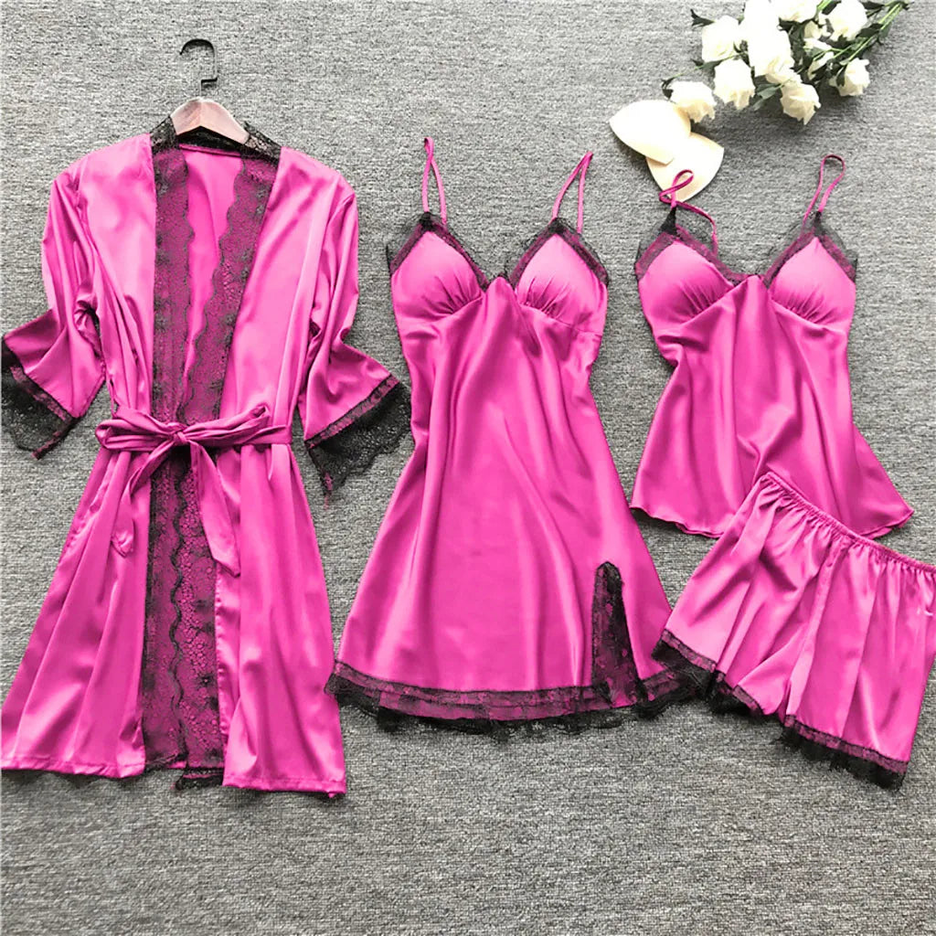 4 Pieces Pajamas Sets Satin Sleepwear Women Silk Nightwear Pyjama Strap Lace Sleep Lounge Pajama with Chest Pads