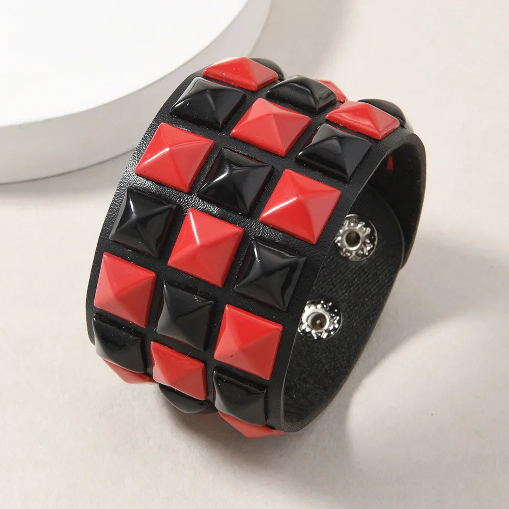 18 Color Punk Hip-Hop Three Rows of Square Rivets PU Leather Big Wide