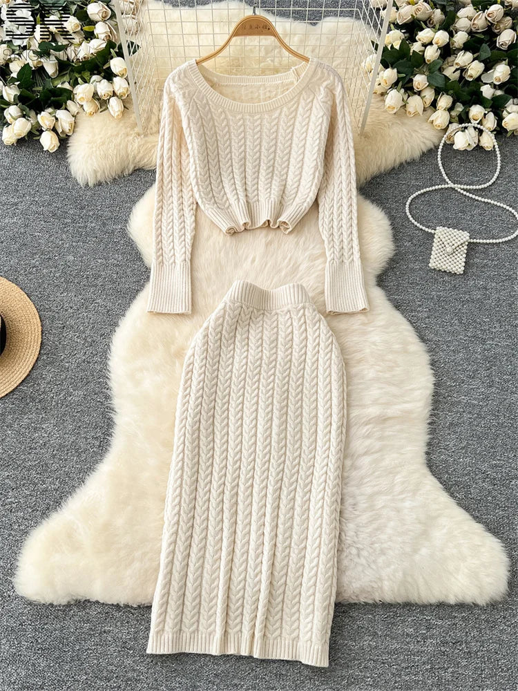 SINGREINY Winter Warm Knitting 2pcs Suits Women Long Sleeve O Neck Short Sweater+Elastic Waist Skirt Autumn Senior Sexy Sets