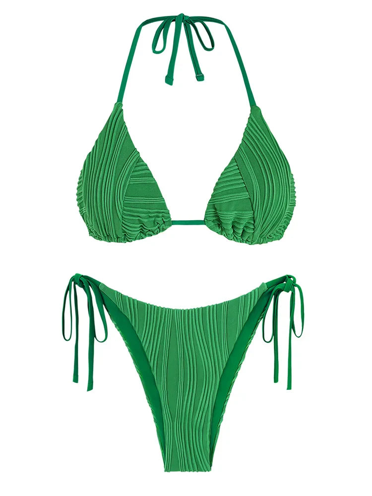ZAFUL Women's Backless Triangle Swimsuit Halter Top High Cut Thong Bikini Set Textured Tie Side Bathing Suit Solid Swimwear 2024